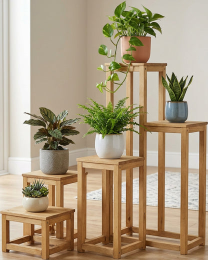 Biont Five-Tier Staggered Pine Plant Stand 100 x 95 cm Natural - Lifestyle view