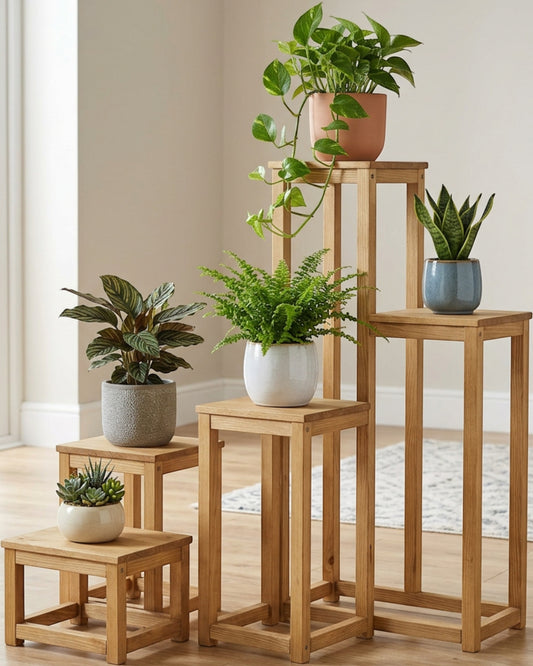 Biont Five-Tier Staggered Pine Plant Stand 100 x 95 cm Natural - Lifestyle view