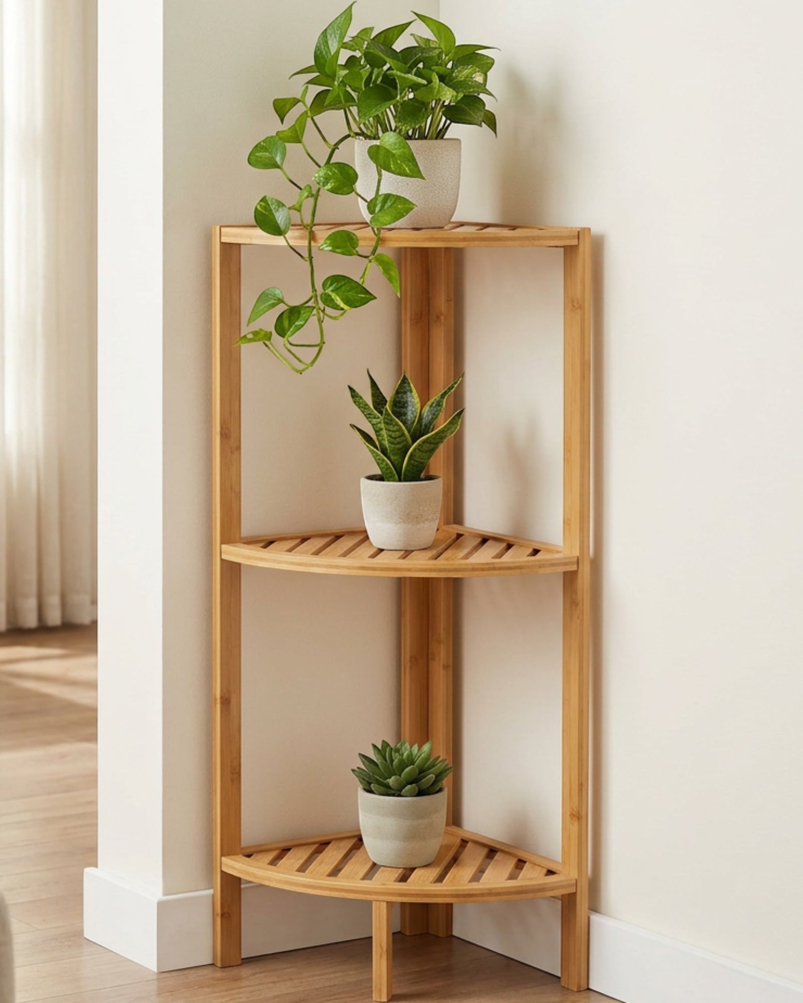 Biont Three-Tier Corner Bamboo Plant Stand 80 cm Natural - Lifestyle view