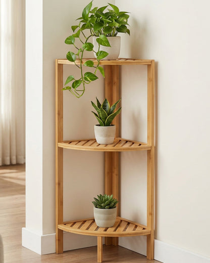 Biont Three-Tier Corner Bamboo Plant Stand 80 cm Natural - Lifestyle view