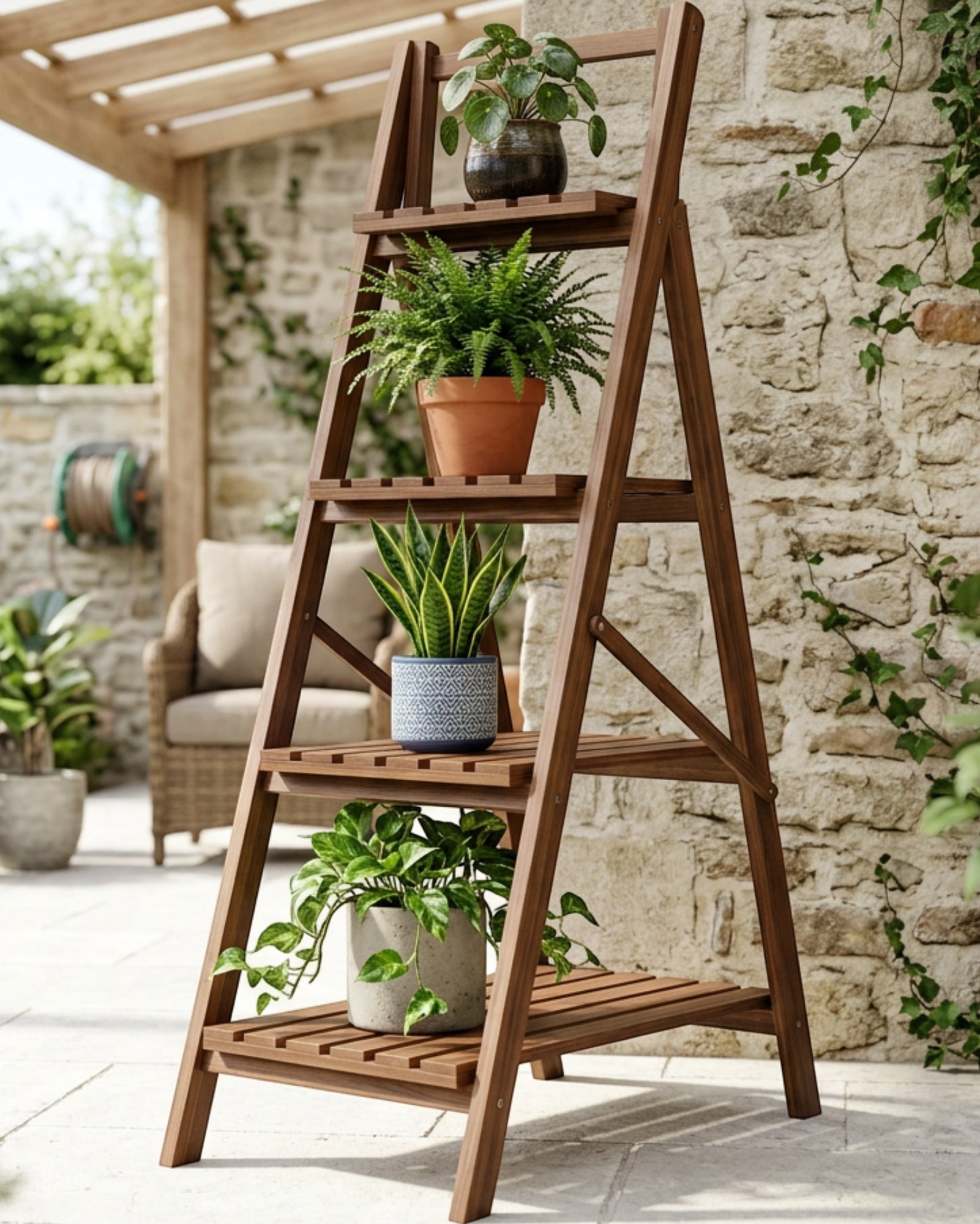 Biont Folding Four-Tier Wooden Ladder Plant Stand 110 cm Walnut - Lifestyle view