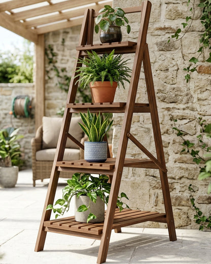 Biont Folding Four-Tier Wooden Ladder Plant Stand 110 cm Walnut - Lifestyle view