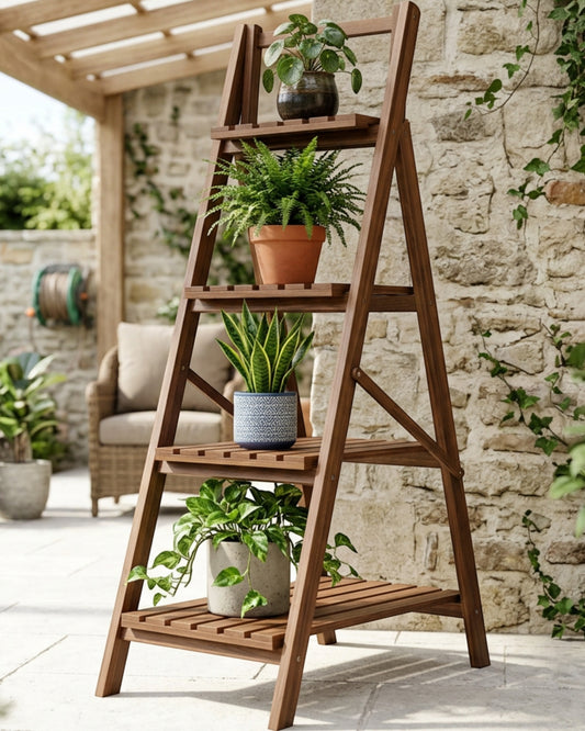 Biont Folding Four-Tier Wooden Ladder Plant Stand 110 cm Walnut - Lifestyle view