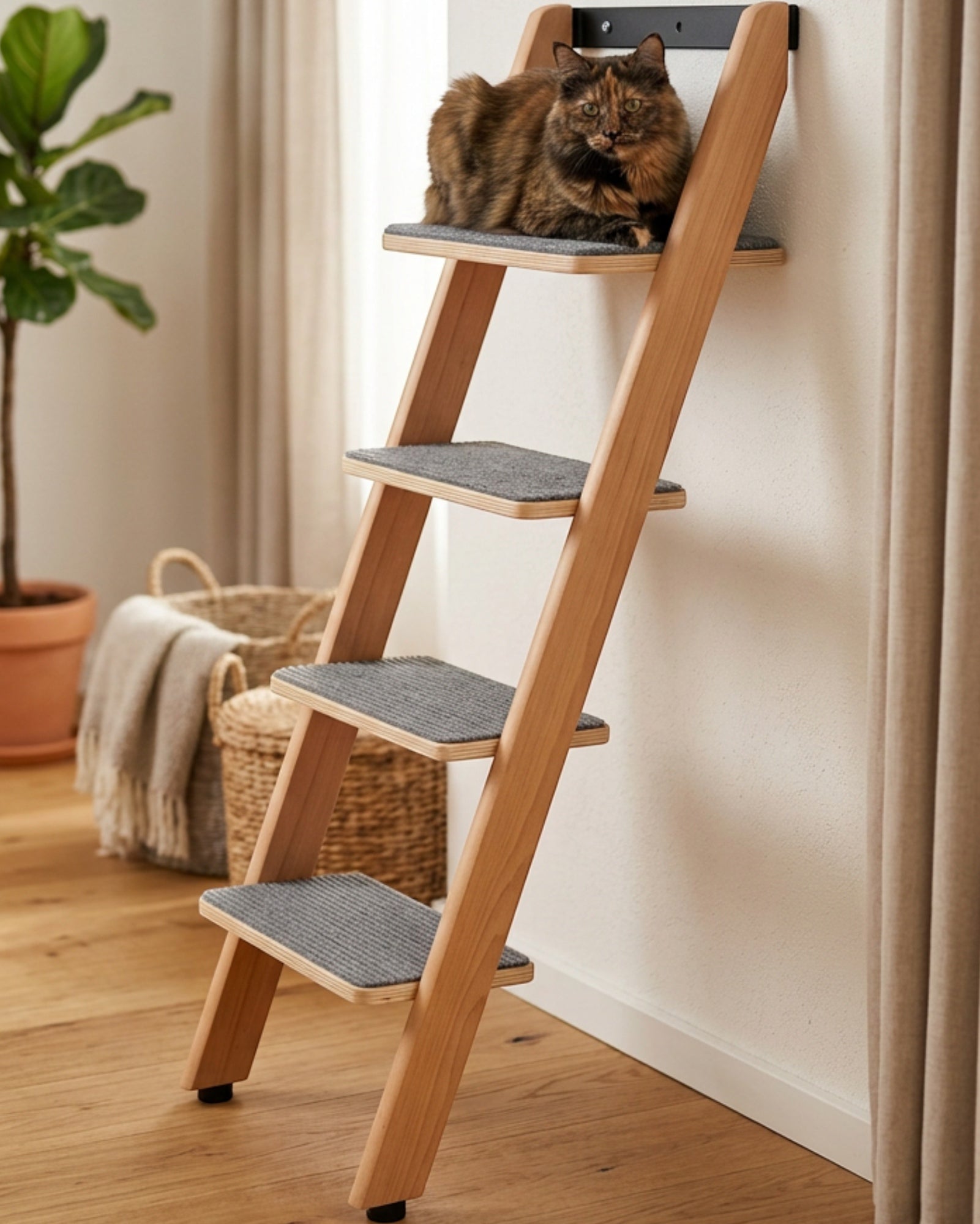 Biont Leaning Beech Ladder Cat Tree 140 cm Natural - Lifestyle view